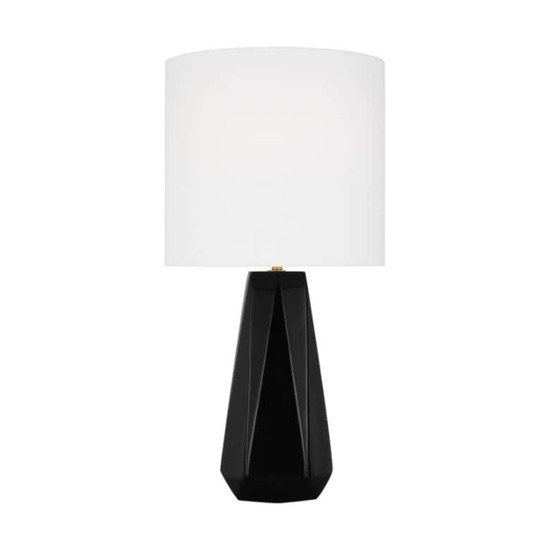 Black faceted table lamp with a white drum shade