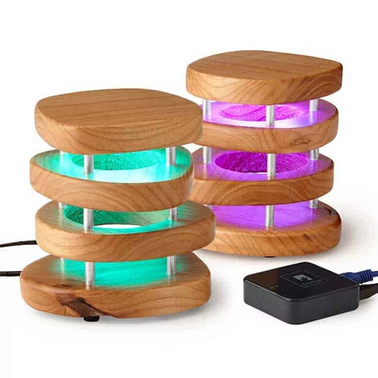 Wooden LED touch lamps with color-changing lights and a connected power adapter