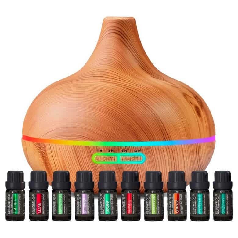 Wood-grain essential oil diffuser with 10 assorted aroma oil bottles