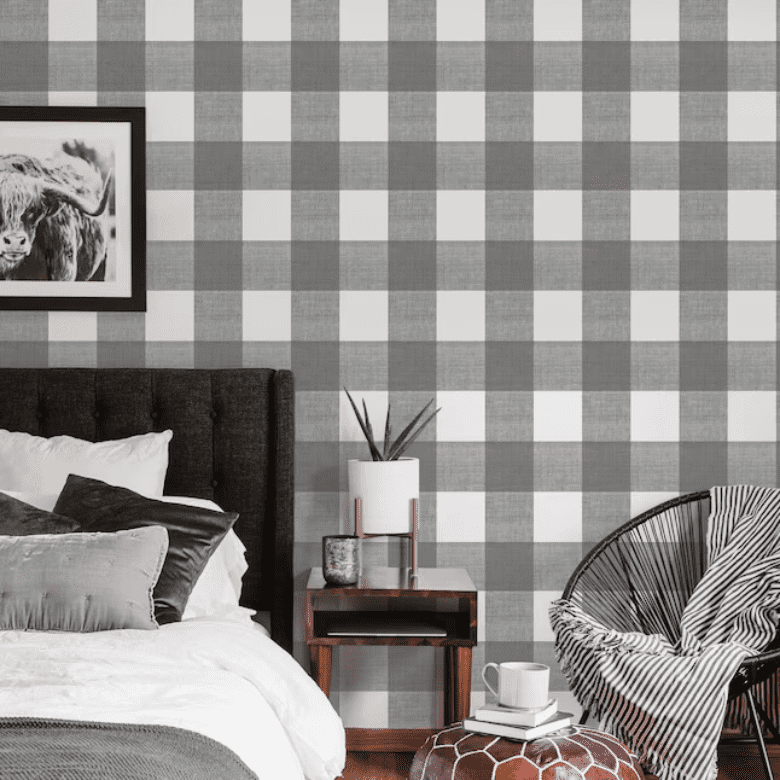 Buffalo check wallpaper with tufted bed and mid-century nightstand
