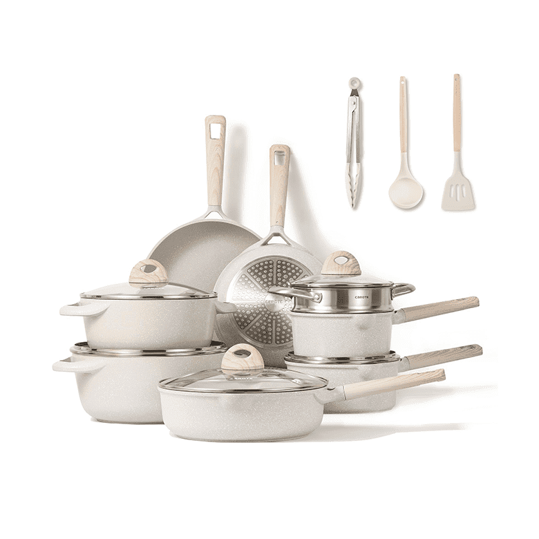 A set of light-colored cookware and kitchen utensils with wooden handles
