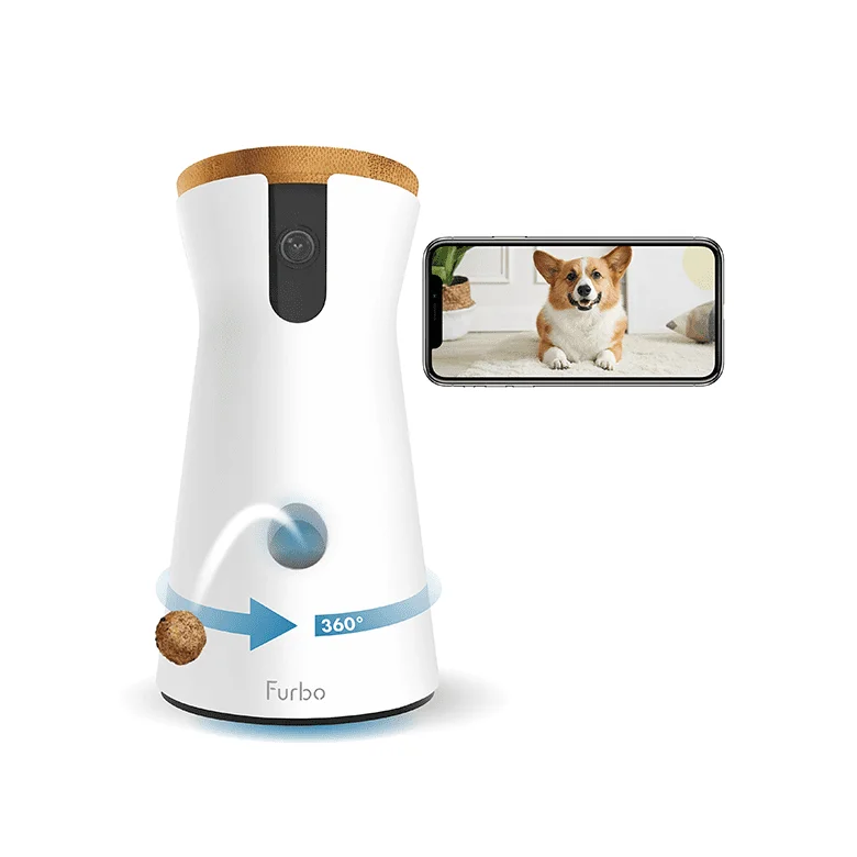 Pet camera treat dispenser with phone showing dog