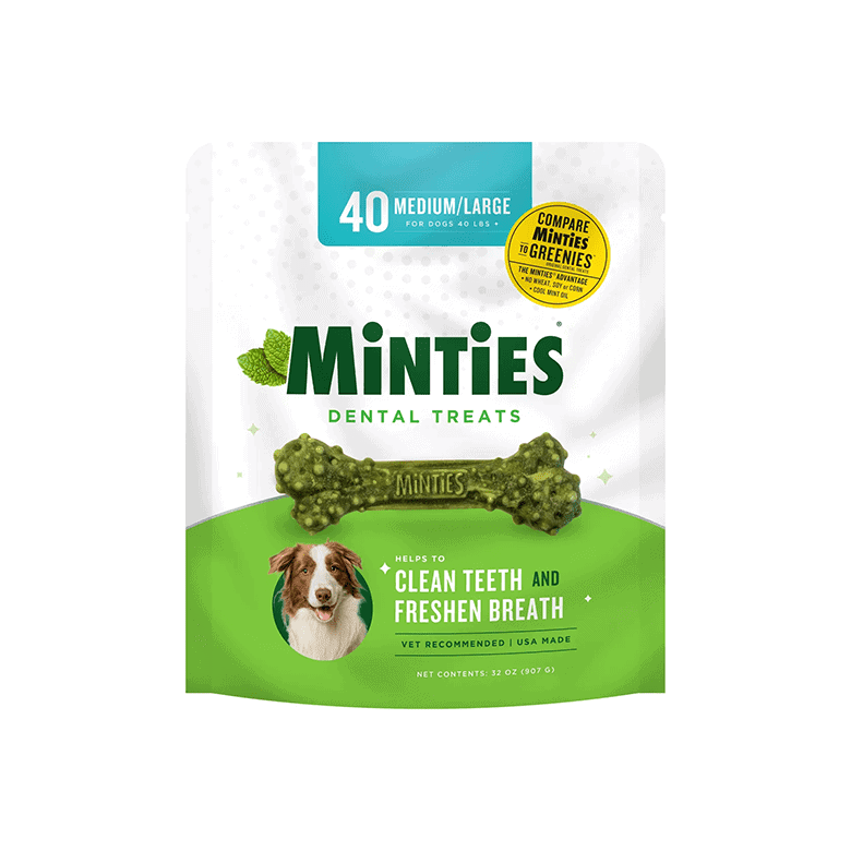 Minties dental treats for medium/large dogs with green chew on package