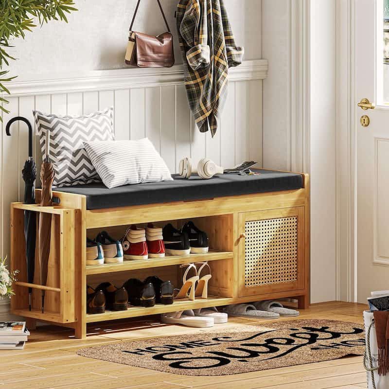FORABAMB Shoe Bench, Bamboo Wood and Rattan Entryway Storage Bench