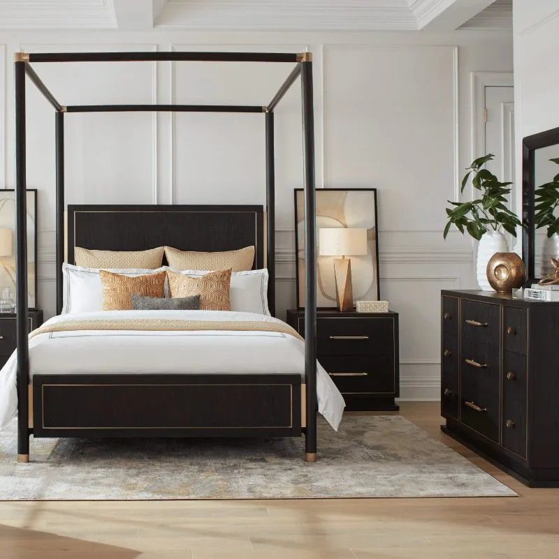 canopy bed and dresser in a bedroom, bedroom furniture sets