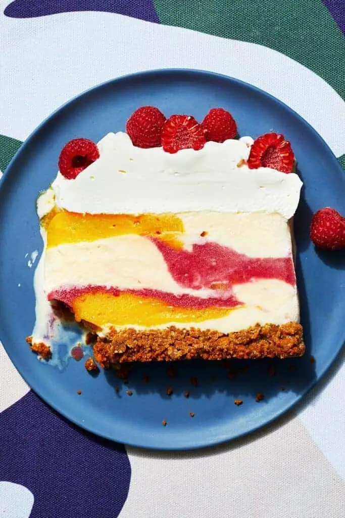 Slice of sorbet cake on blue plate