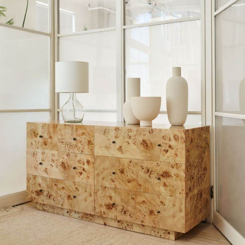 burl veneer 6-drawer dresser