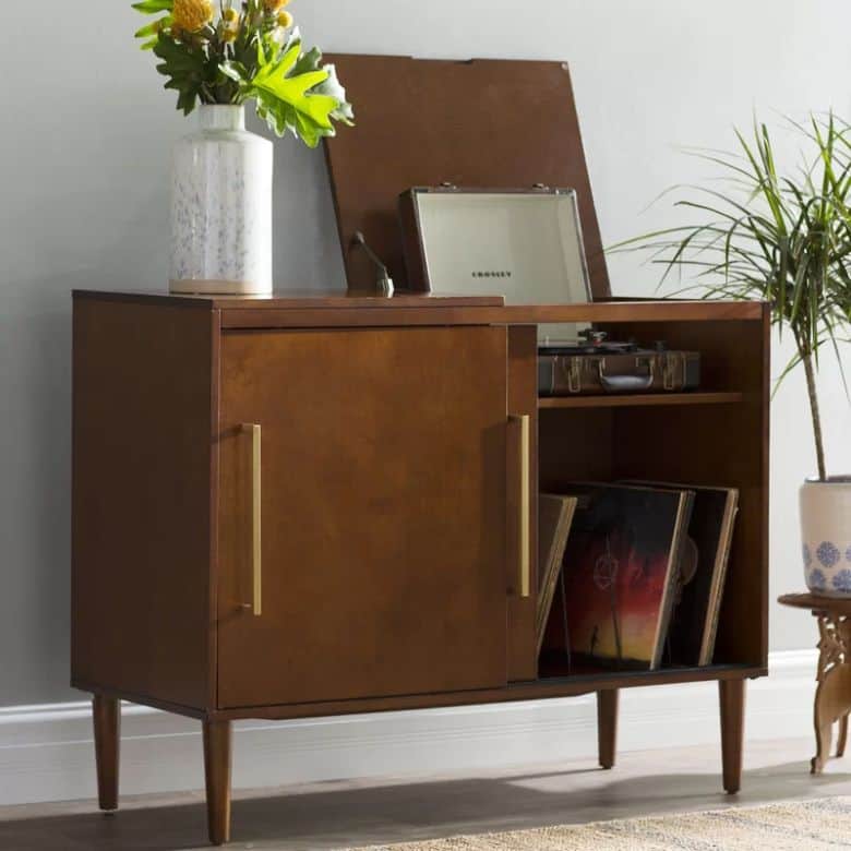 wooden record player storage cabinet