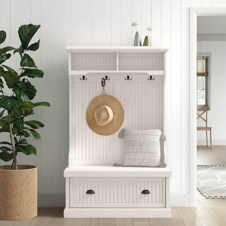 white hall tree with storage bench