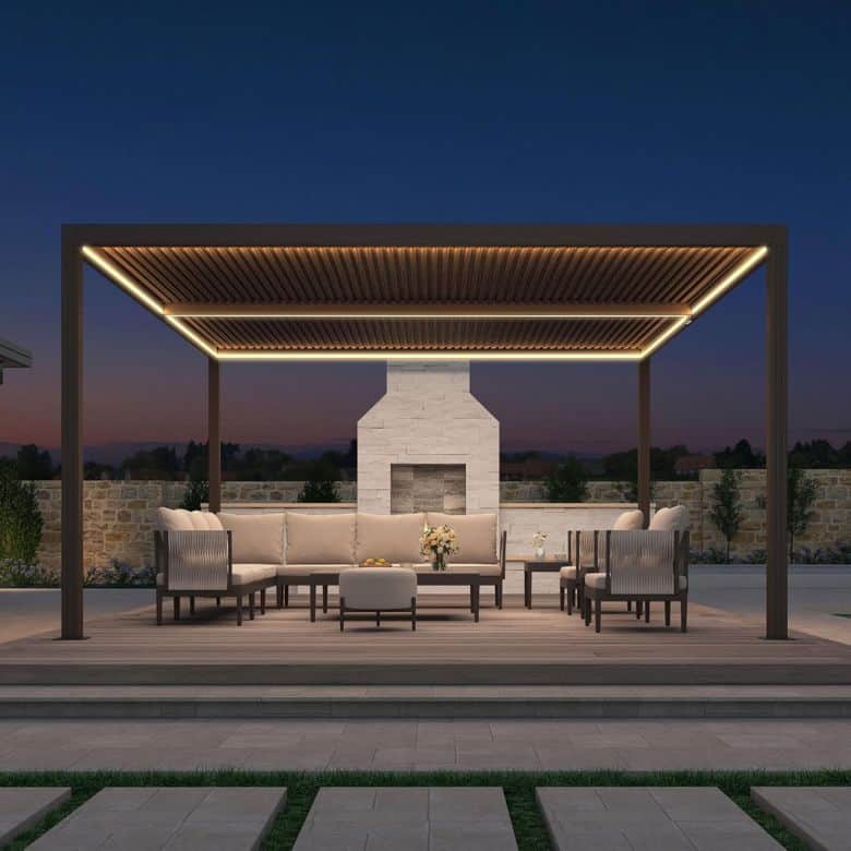 louvered pergola with LED strip lights bordering roof