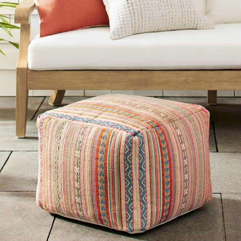handwoven boho striped outdoor pouf