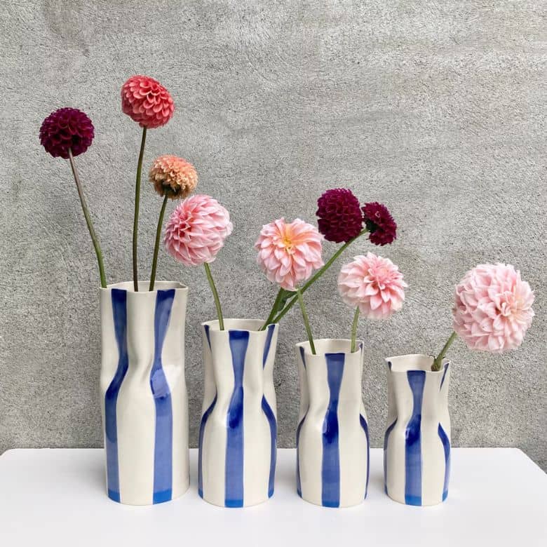 blue striped ceramic vase
