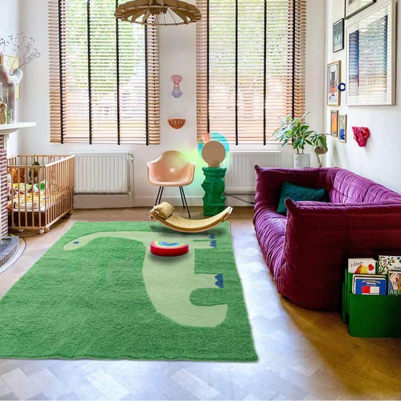 green area rug with green dinosaur