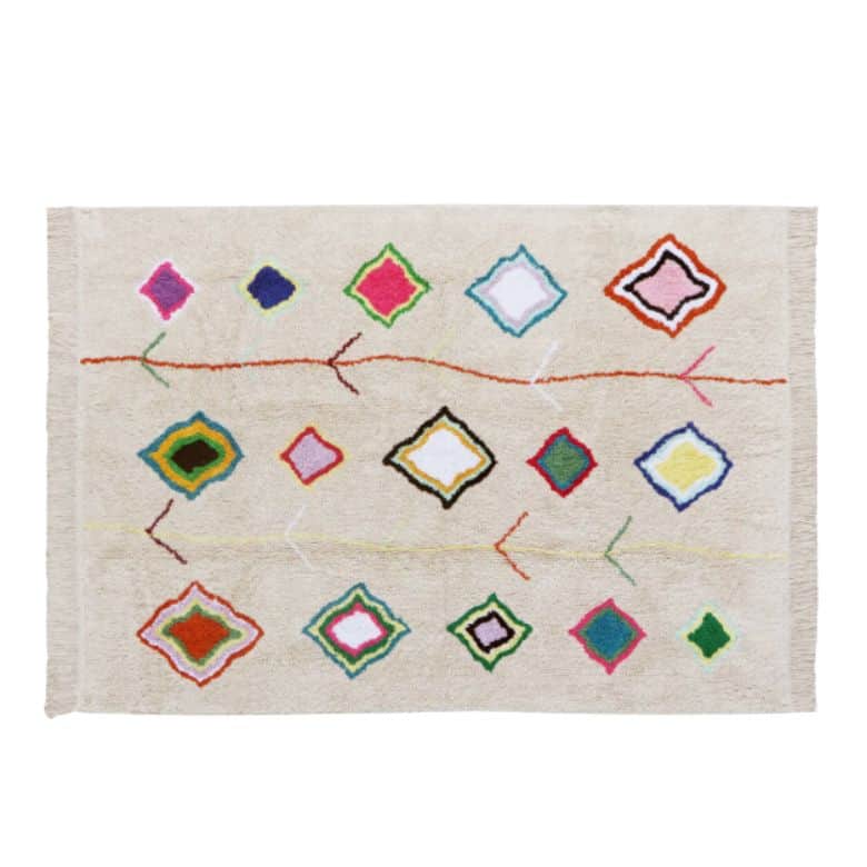 taupe area rug with mismatched diamonds and curvy line details