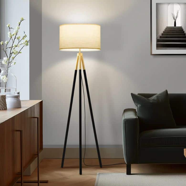 Mid Century Modern Tripod Floor Lamp with Fabric Drum Shade and Gold Finish
