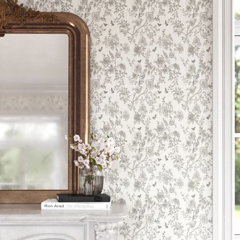 light gray toile floral wallpaper