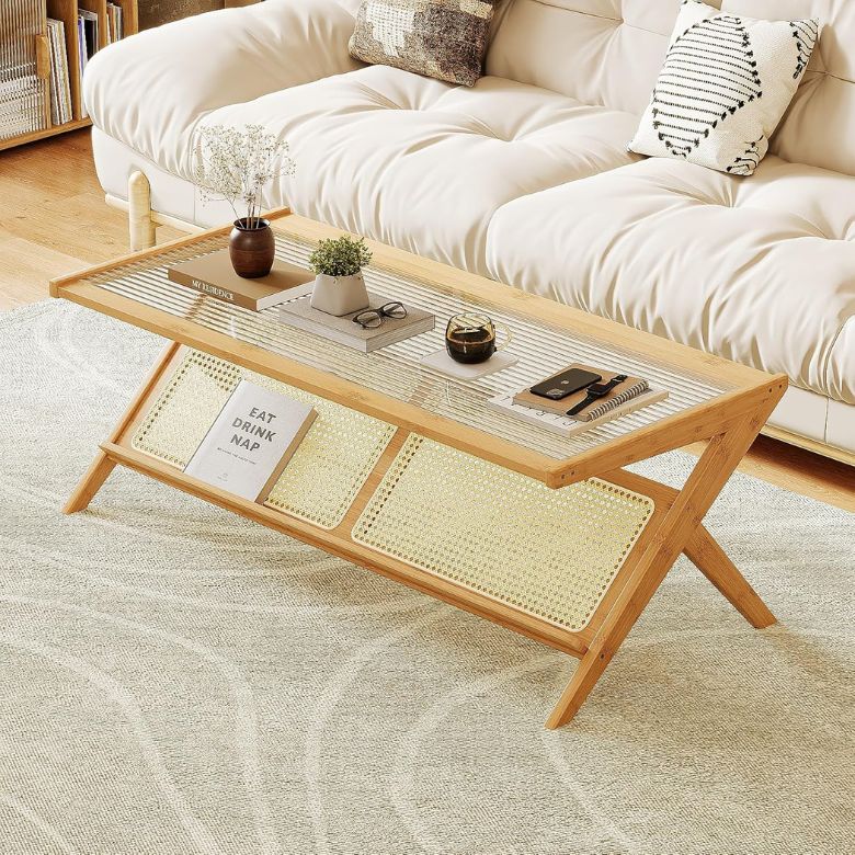 Rattan Coffee Table with Glass Top