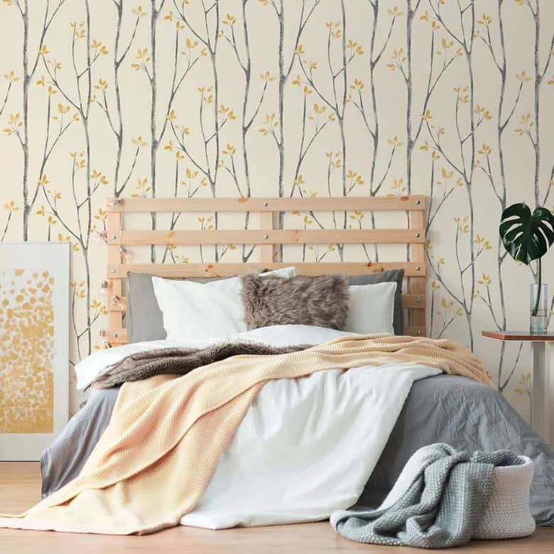 wallpaper with slim trunks, branches, and delicate leaves