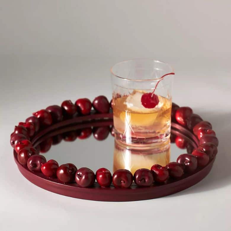 red cherry-rimmed cocktail tray