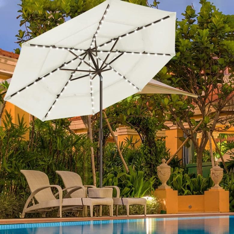 Non-Fading Solar 9ft 3 Tiers Market Umbrella with 80 LED Lights