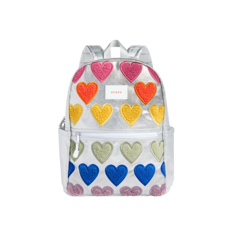silver metallic kids backpack with rainbow hearts