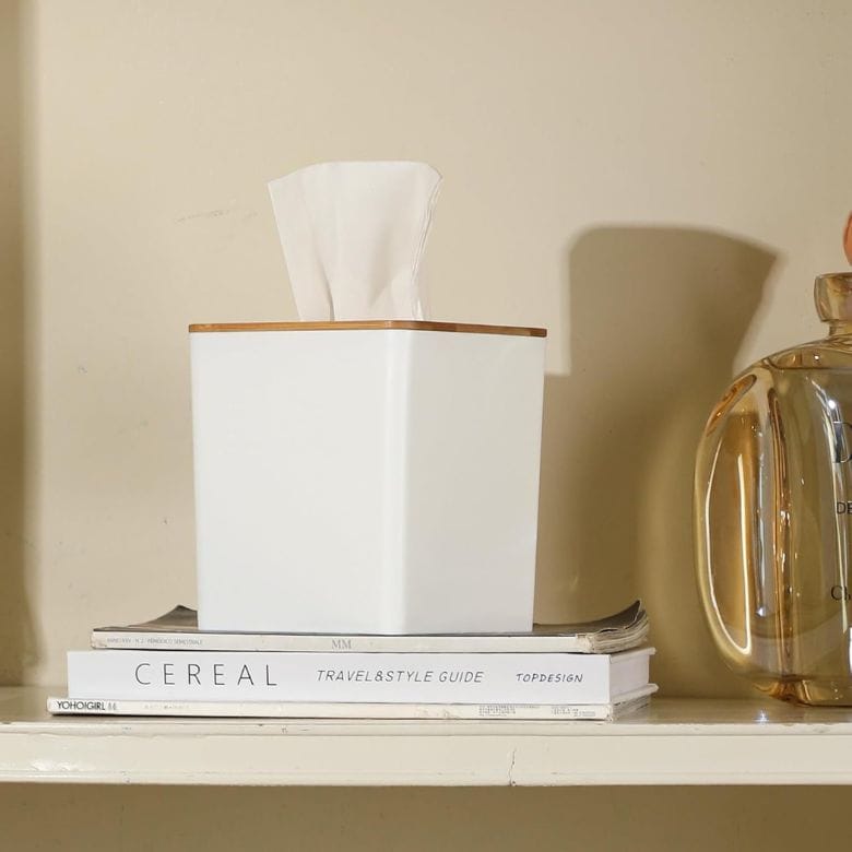 white tissue box holder with bamboo lid