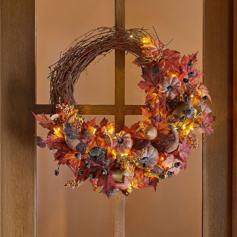 Faux Lit Fall Harvest Wreath