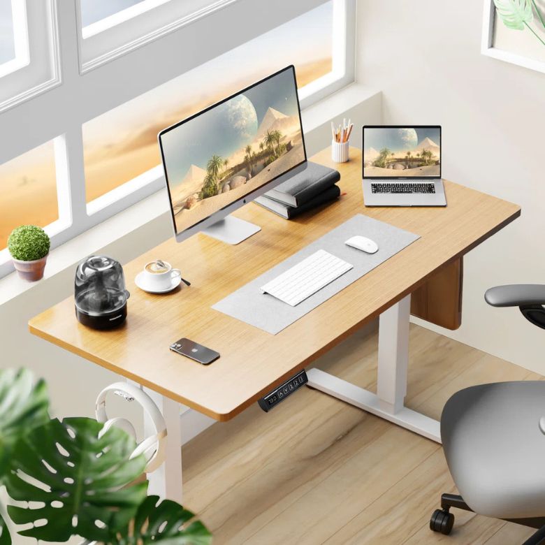 wood top adjustable standing desk with white legs