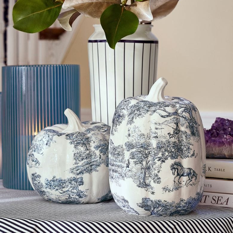 blue american heritage patterned ceramic pumpkins