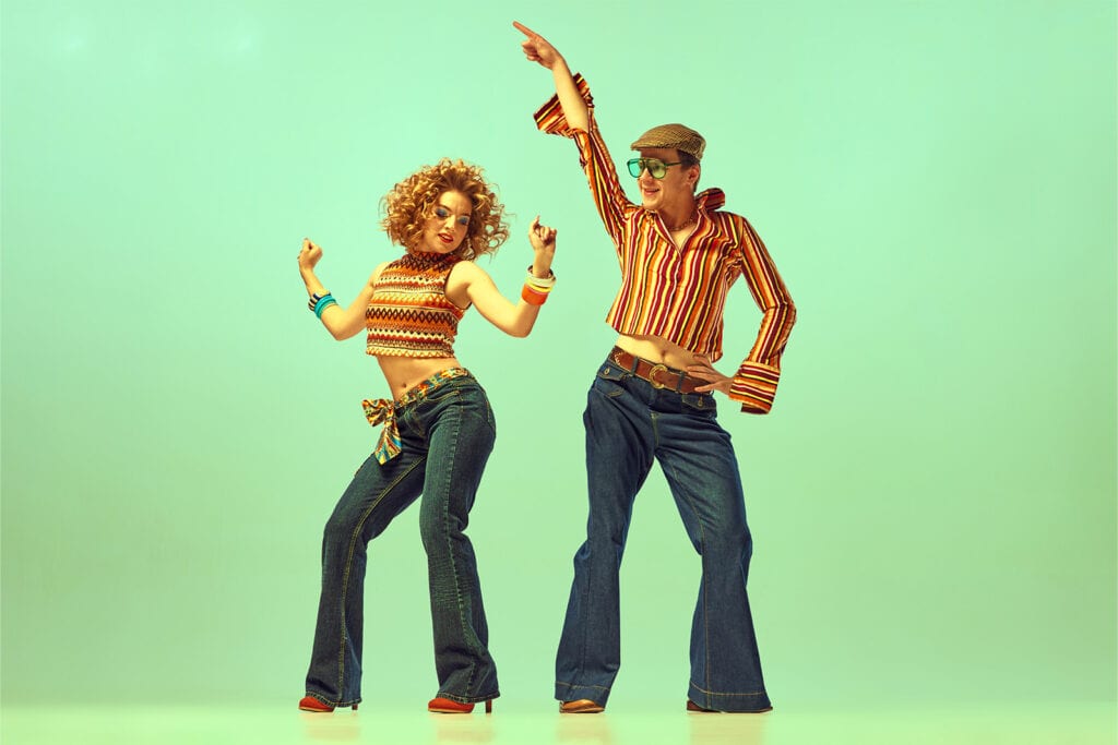 cute couples costume '70s dancers