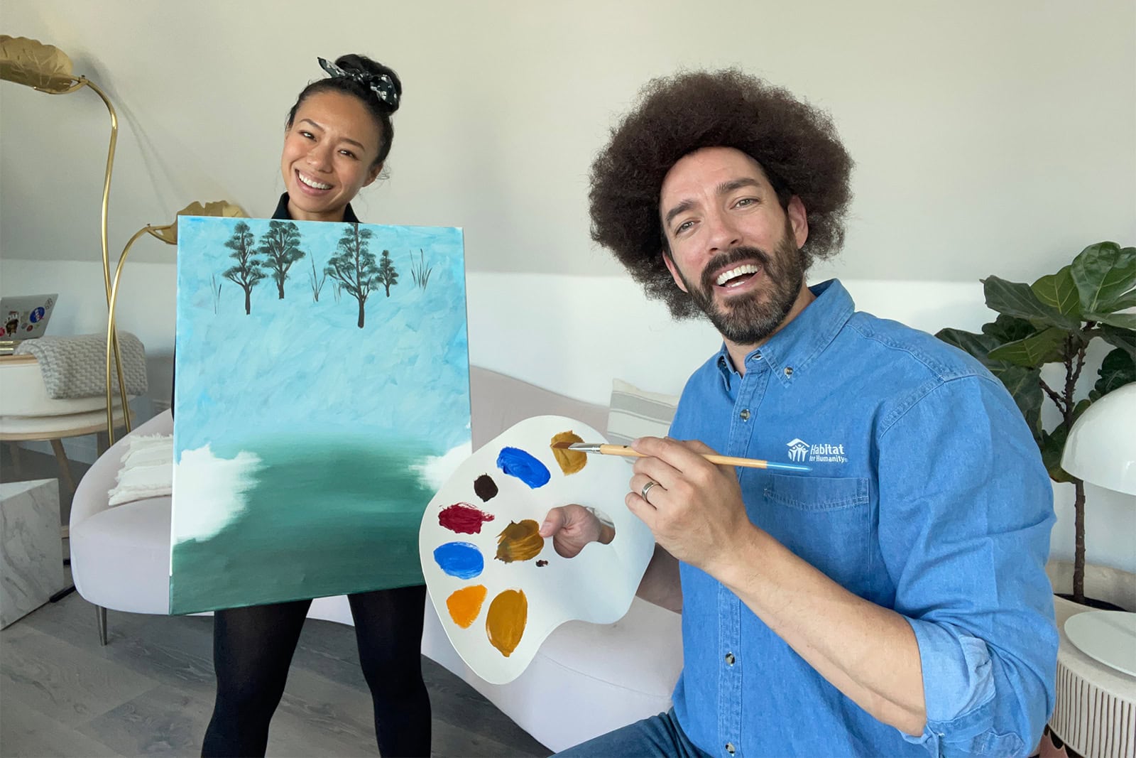 drew scott and linda phan as bob ross and a painting for halloween
