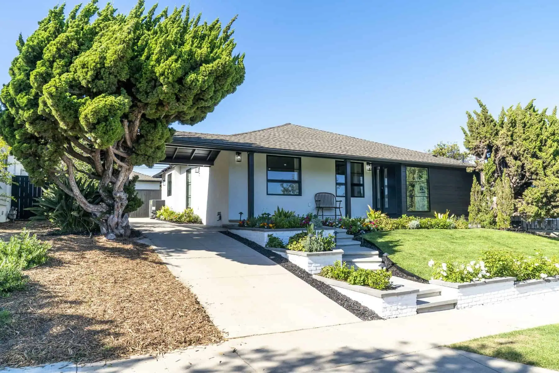 Single-story house with white exterior, black trim, manicured landscaping, and a sloped driveway