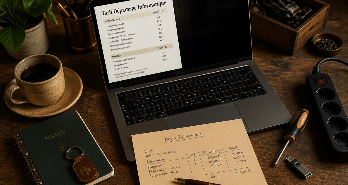tarif dépannage informatique à domicile, bureau avec outils et devis