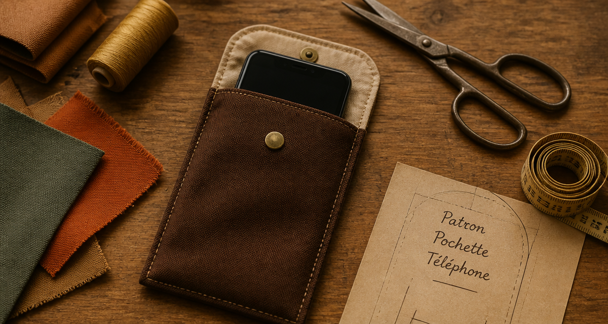 tuto pochette en tissu pour téléphone portable sur plan de travail