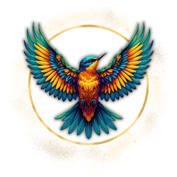 Oiseau aux ailes déployées multicolores (bleu, orange, jaune, violet), cerclé de lumière dorée, symbole de libération, d’alignement et de transformation de marque.
