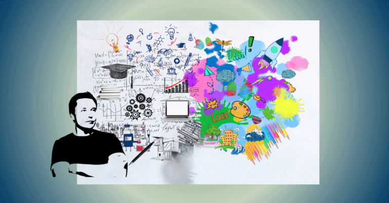 Représentation artistique d'un cerveau divisé en deux hemisphères : côté gauche en noir et blanc avec formules mathématiques, graphiques et éléments analytiques ; côté droit multicolore avec ampoules, fusées, palettes artistiques et symboles créatifs, illustrant la connectivité fonctionnelle unique des entrepreneurs visionnaires