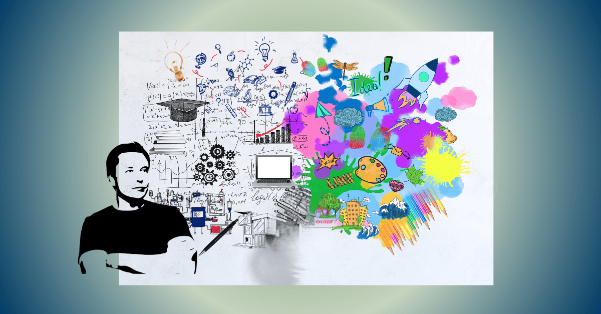 Représentation artistique d'un cerveau divisé en deux hemisphères : côté gauche en noir et blanc avec formules mathématiques, graphiques et éléments analytiques ; côté droit multicolore avec ampoules, fusées, palettes artistiques et symboles créatifs, illustrant la connectivité fonctionnelle unique des entrepreneurs visionnaires