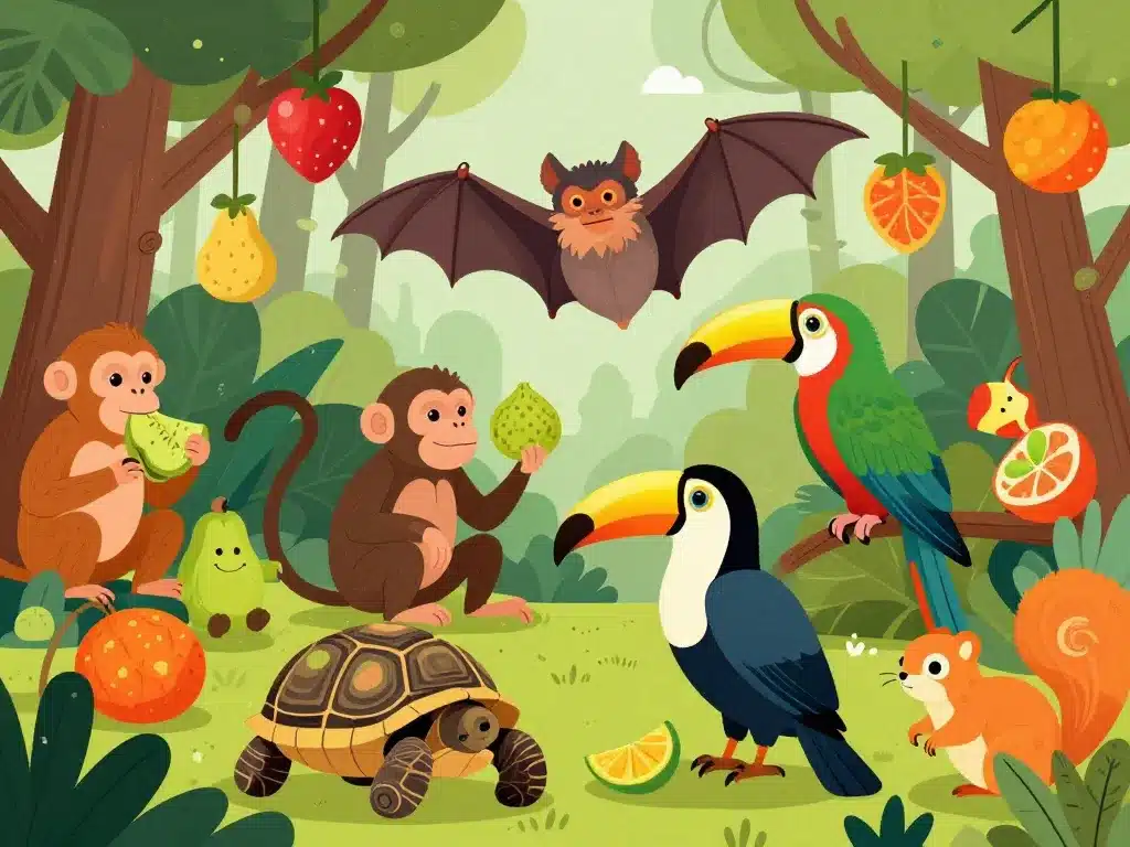 Animaux dont le regime alimentaire est constitue de fruit variés mangeant des fruits