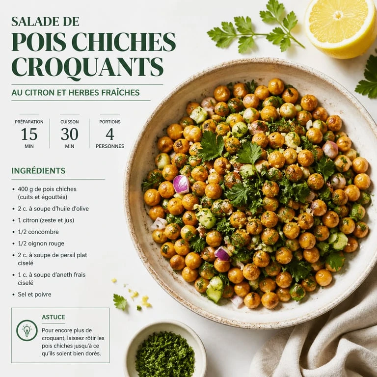 Salade de pois chiches croquants au citron et herbes fraîches pour une alimentation équilibrée