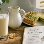 bienfaits du lait de soja sur table avec verre et quiche