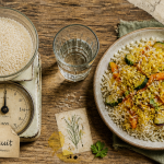 Calories dans le riz cru et cuit sur table avec légumes