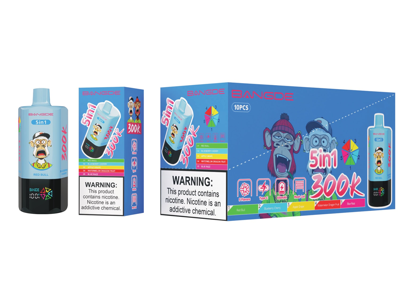 Bang DE 300K Red Bull / Blueberry Cherry / Apple Grape / Watermelon Dragon Fruit / Blue Razz - immagine 2