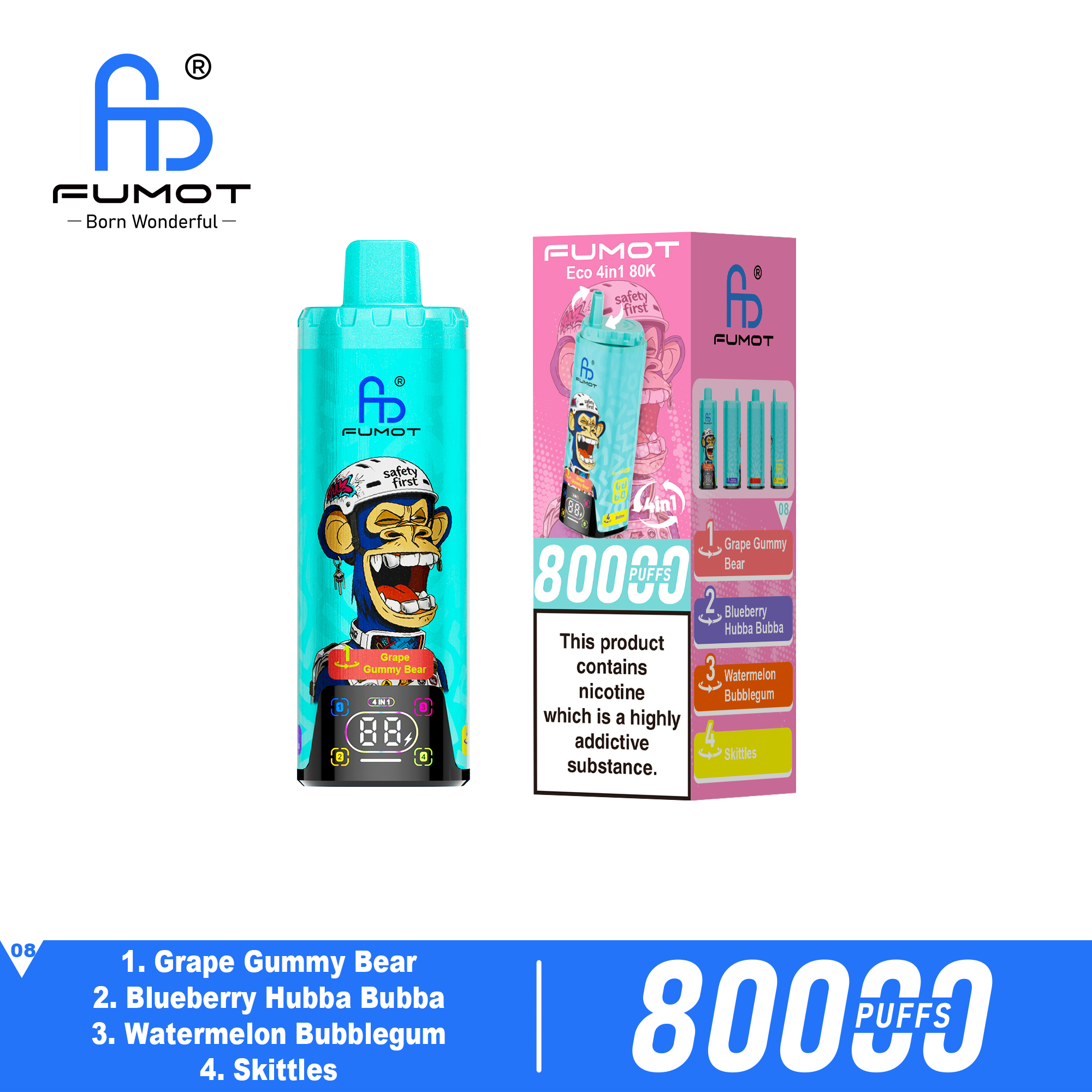 Fumot Eco 4in1 80K Grape Gummy Bear / Blueberry Hubba Bubba / Watermelon Bubblegum / Skittles – Bild 2