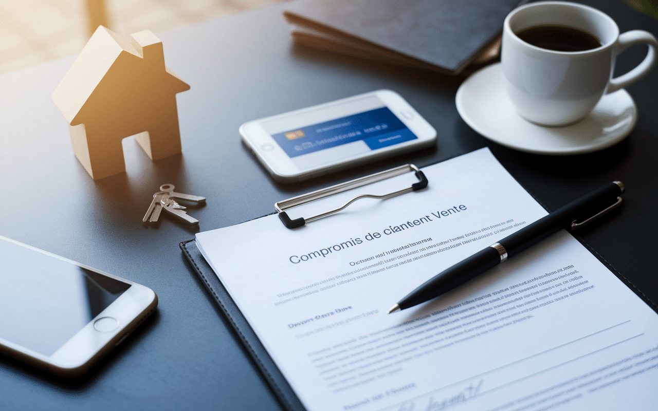 Document de compromis partiellement signé avec clé et smartphone