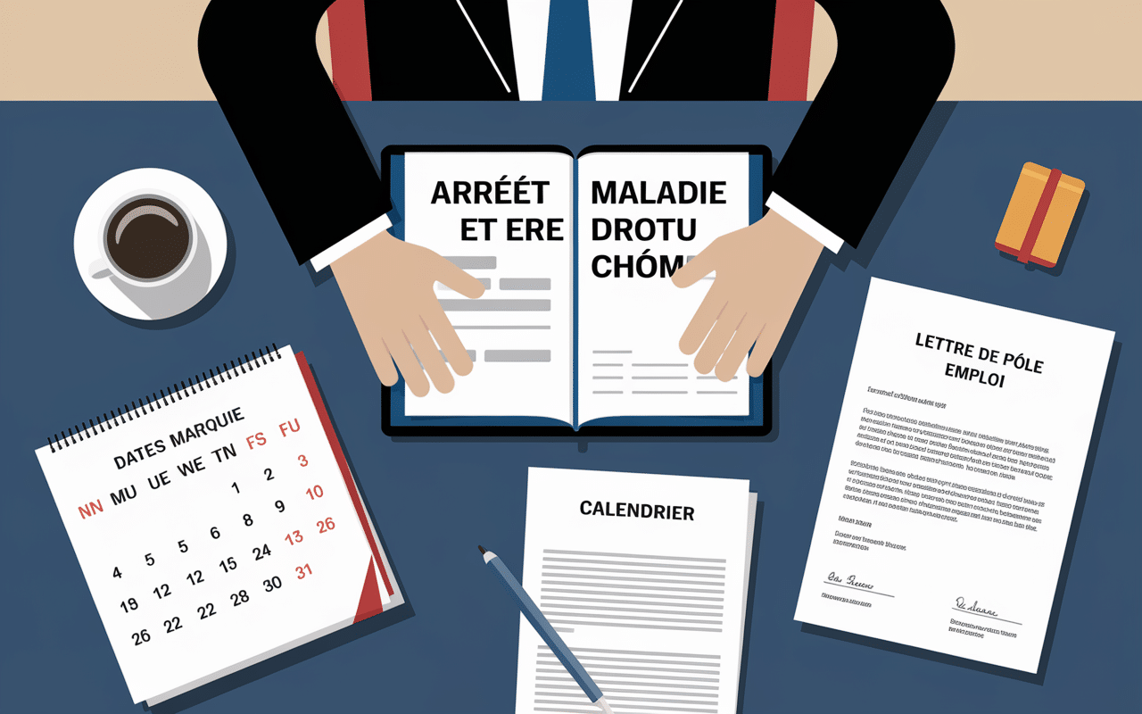 Bureau avec documents officiels d'arrêt maladie et Pôle Emploi