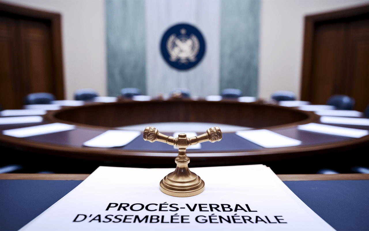 Marteau de président et document PV en salle de réunion