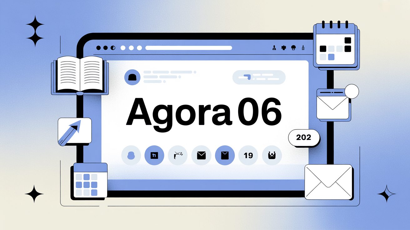 Interface Agora06 avec écran d'ordinateur et icônes éducatives