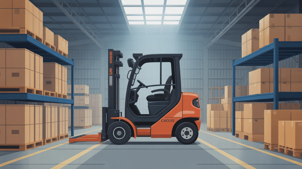 chariot elevateur orange dans entrepot avec palettes caces 3