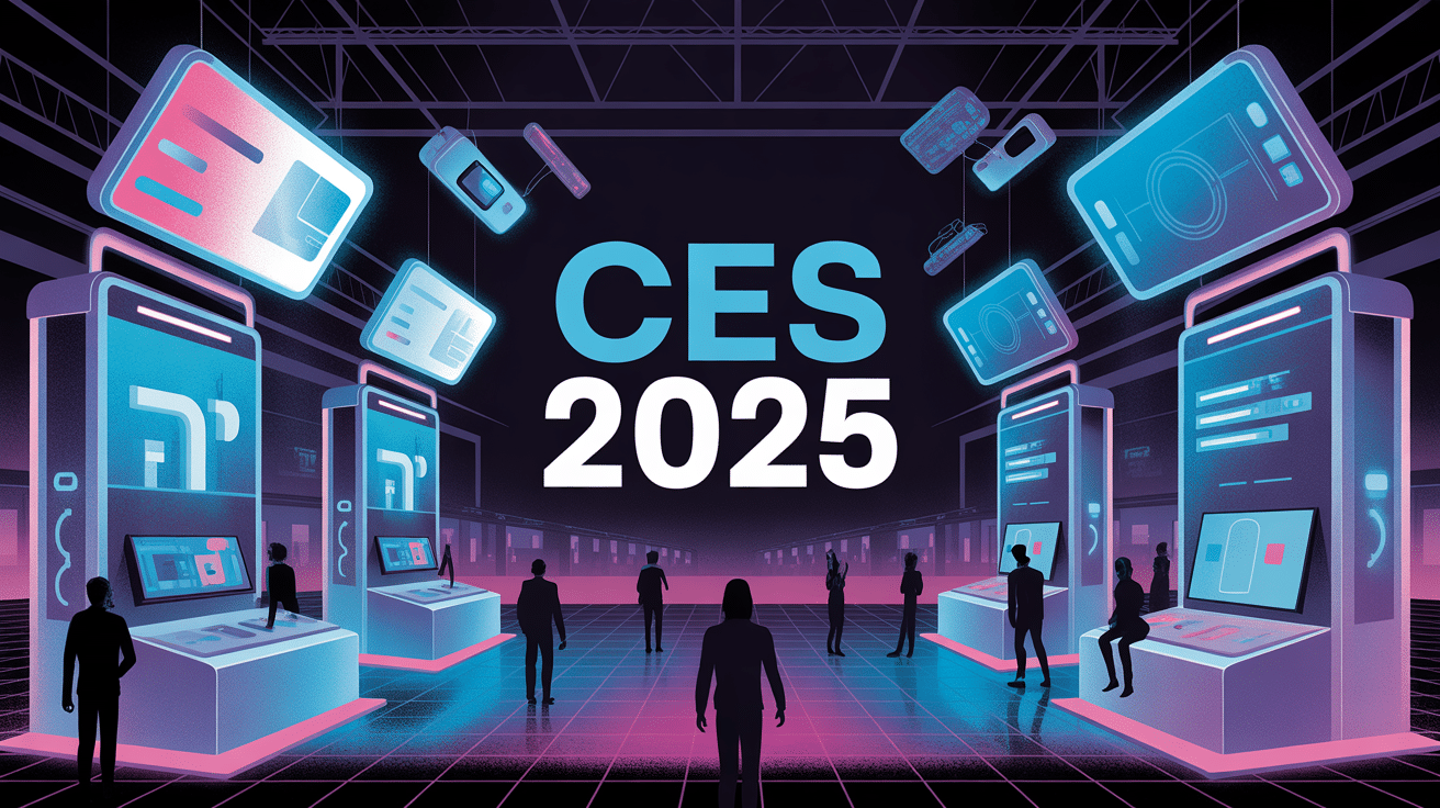 illustration centre exposition ces 2025 futuriste neons bleus violet