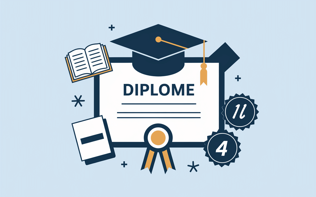 diplome stylise avec ruban tricolore et symboles educatifs
